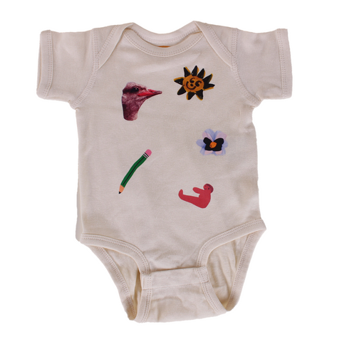 OSTRICH + SUN + PENCIL + PANSY + PINK GUY ONESIE (6M)