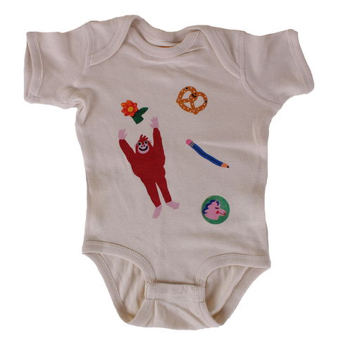 ORANGUTAN + FLOWER + PRETZEL + PENCIL + HORSE ONESIE (12M)